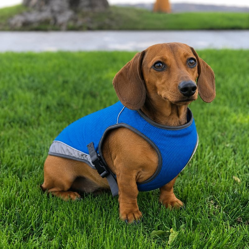 Dachshund wearing Blue Dachshund Cooling Vest outdoors