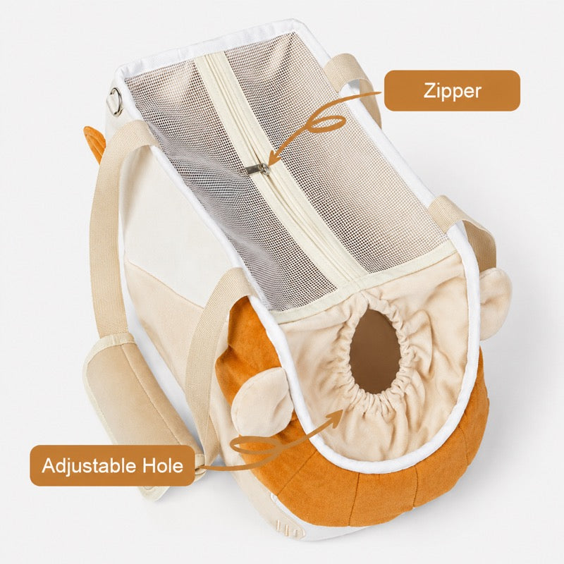 Lion Mane Dachshund Carrier zipper and drawstring detail