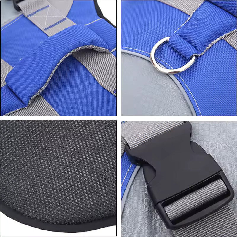 Reflective dachshund life jacket detail with top handle