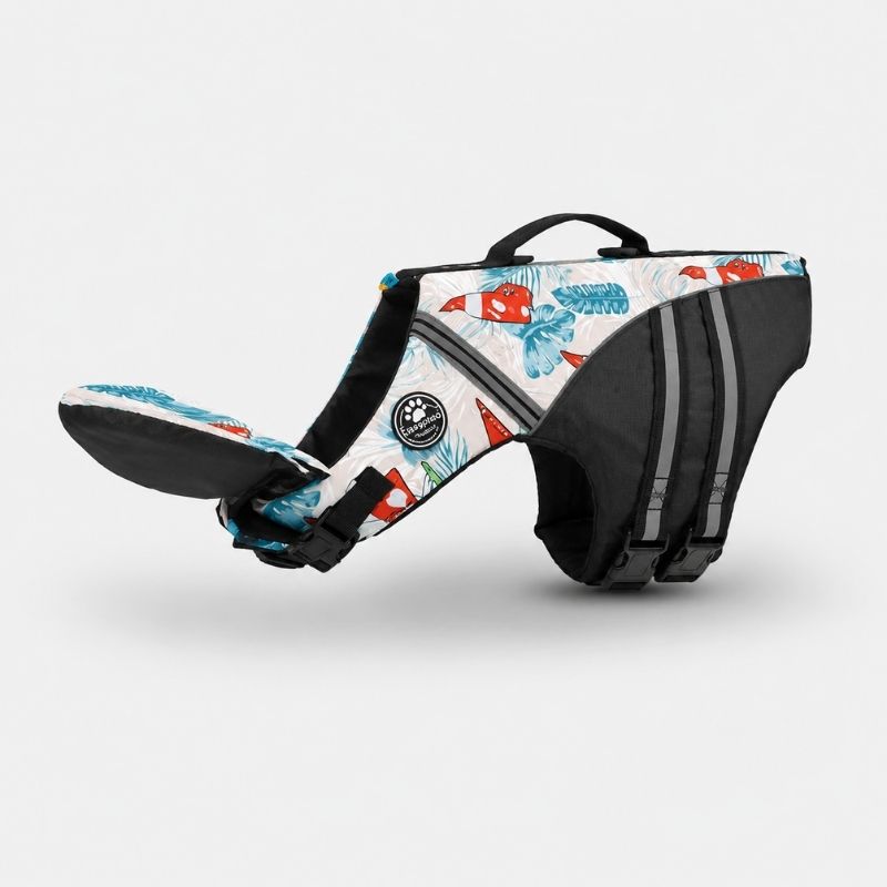 ChinFloat Dachshund Life Vest Limited Edition, White tropical print flat lay