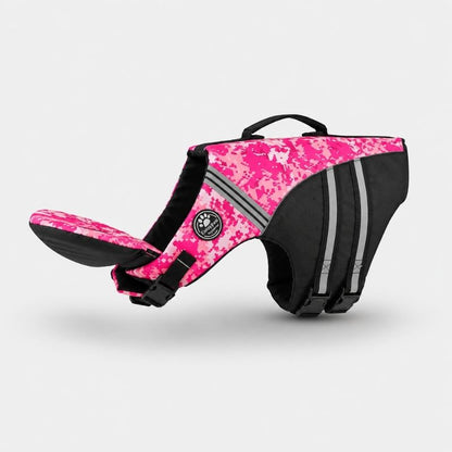 ChinFloat Dachshund Life Vest Limited Edition, Pink camo print flat lay