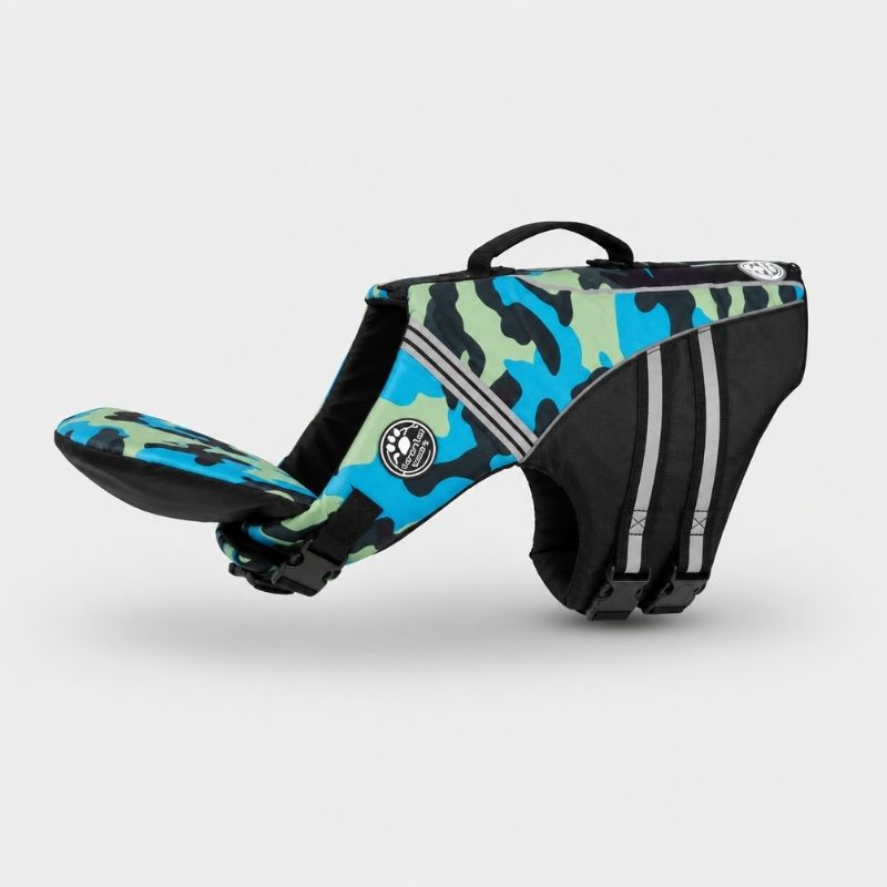 ChinFloat Dachshund Life Vest Limited Edition, Blue camo print flat lay
