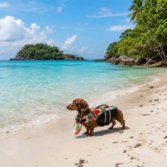 ChinFloat Dachshund Life Vest Limited Edition, dachshund on the beach lifestyle