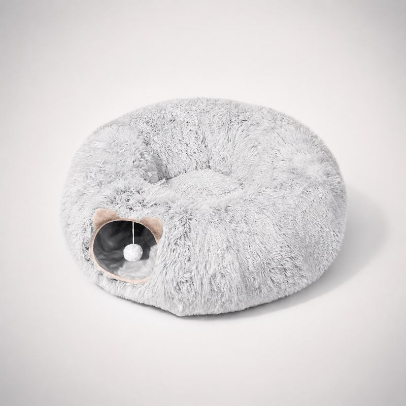 Gray plush dachshund tunnel bed flat lay