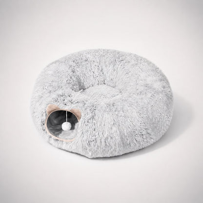 Gray plush dachshund tunnel bed flat lay