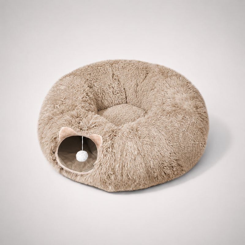 Beige plush dachshund tunnel bed flat lay