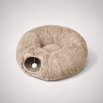 Beige plush dachshund tunnel bed flat lay