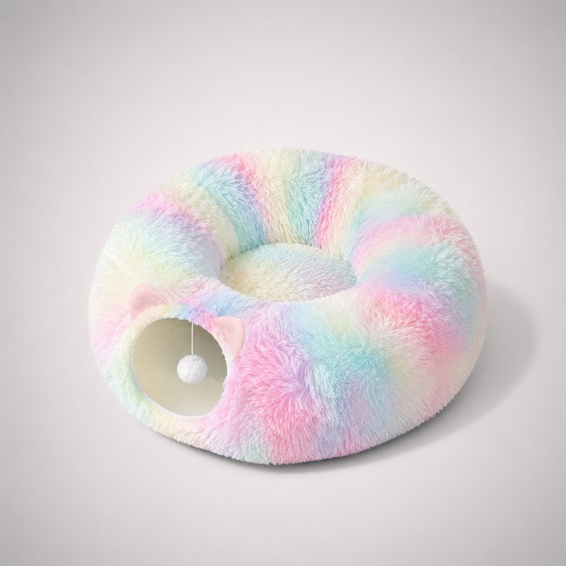 Rainbow plush dachshund tunnel bed flat lay