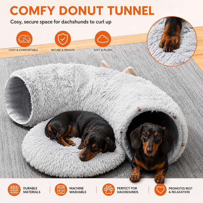 Dachshund relaxing inside the plush tunnel bed