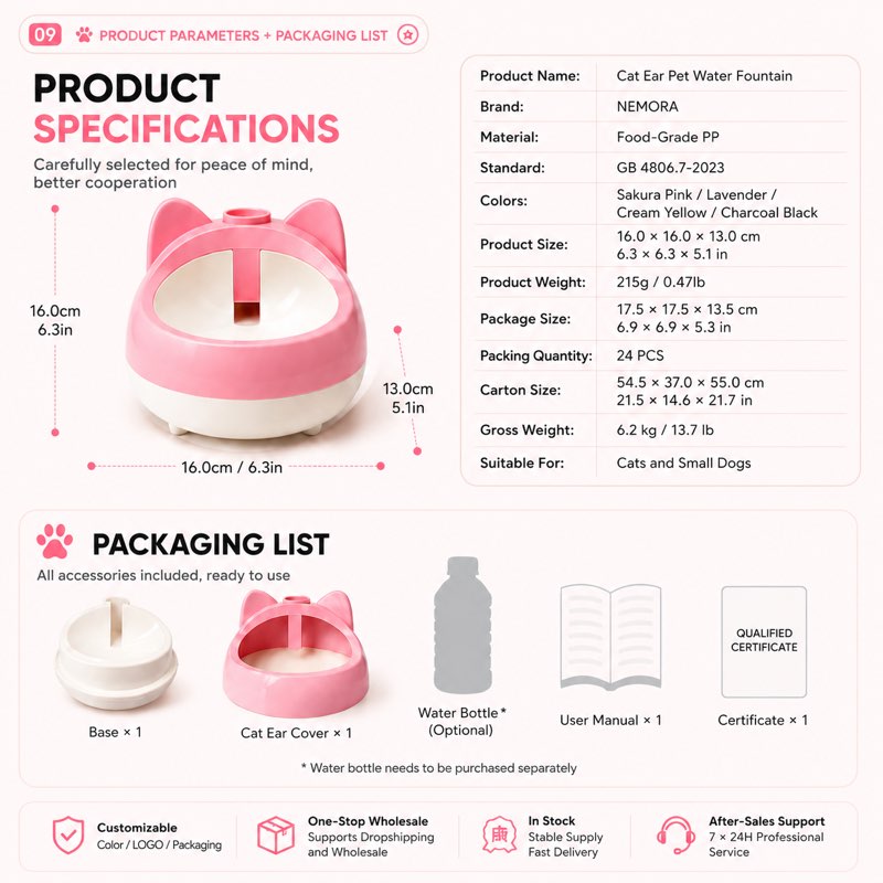 Product specifications, 16 x 16 x 13 cm food grade PP water bowl