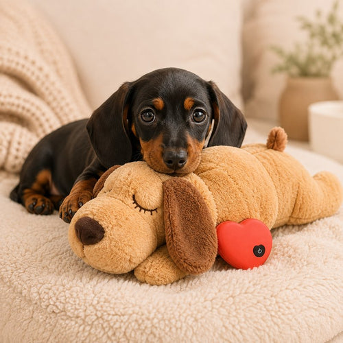 Calming Dachshund Heartbeat Toy with dachshund cuddling