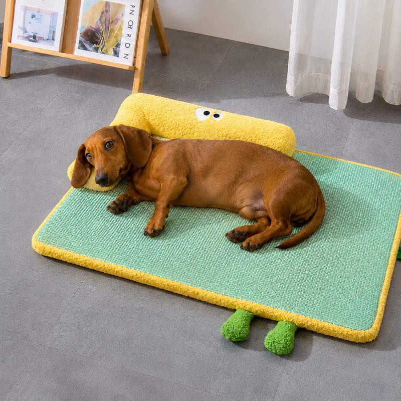 Dachshund on yellow Cool Summer Mat lifestyle shot