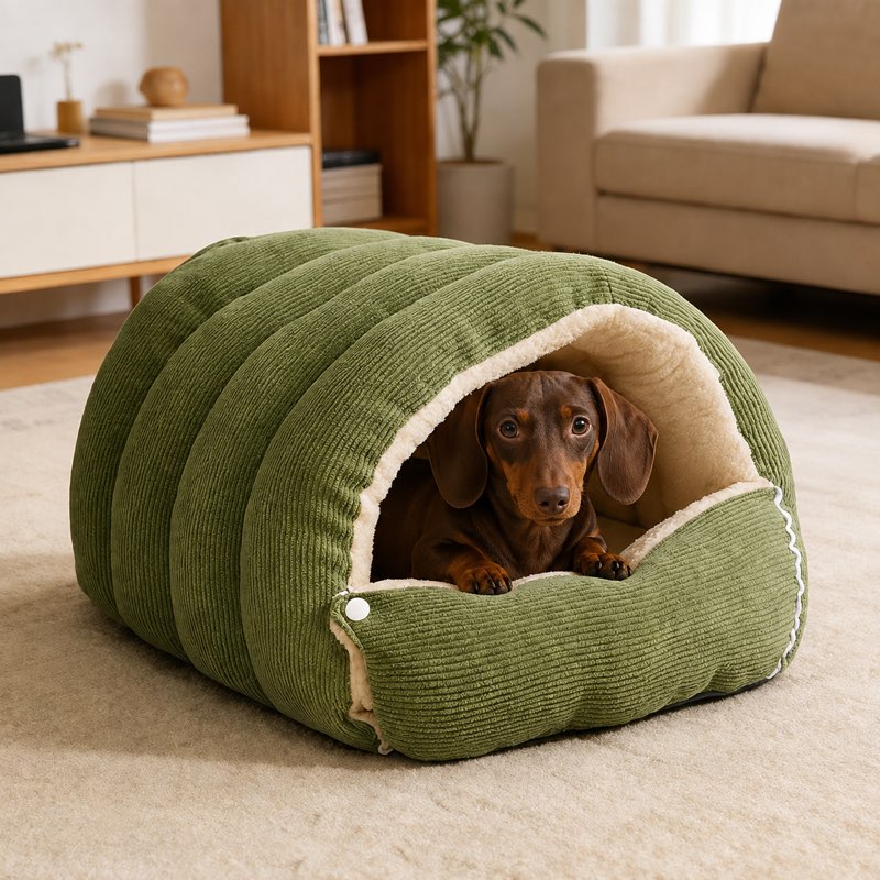 Dachshund resting inside the green corduroy cave bed