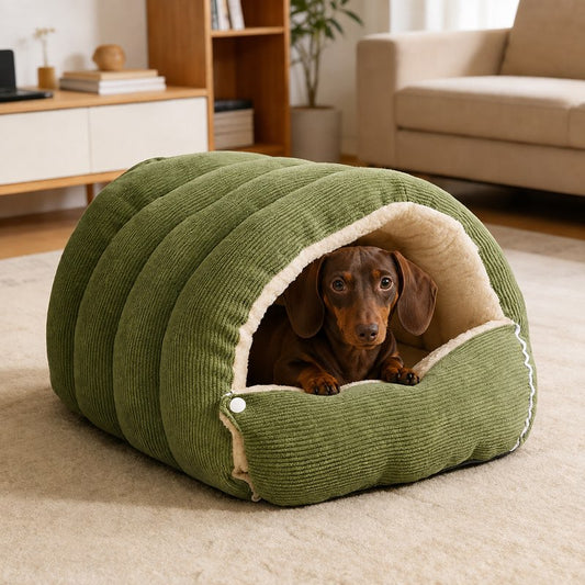 Dachshund resting inside the green corduroy cave bed