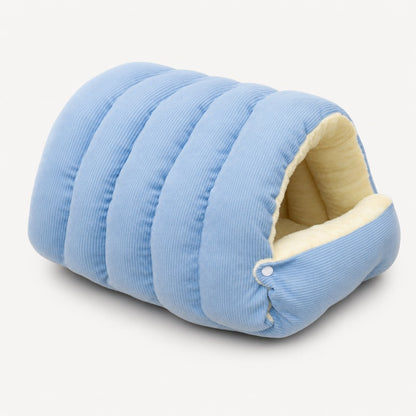 Blue corduroy dachshund cave bed