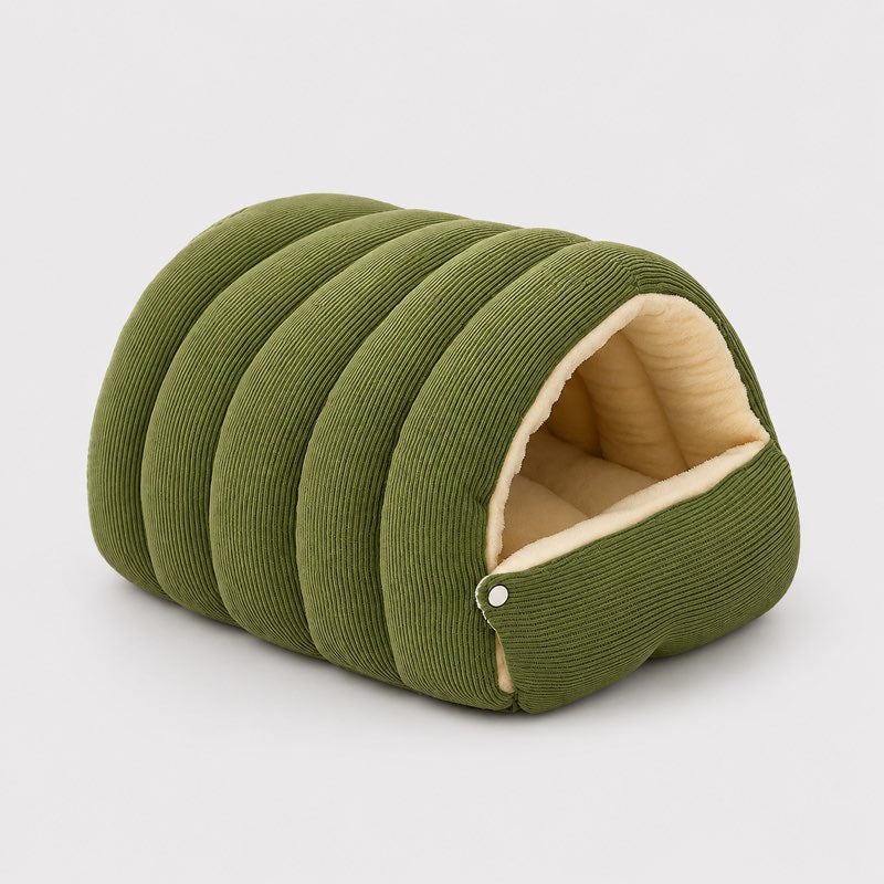 Green corduroy dachshund cave bed