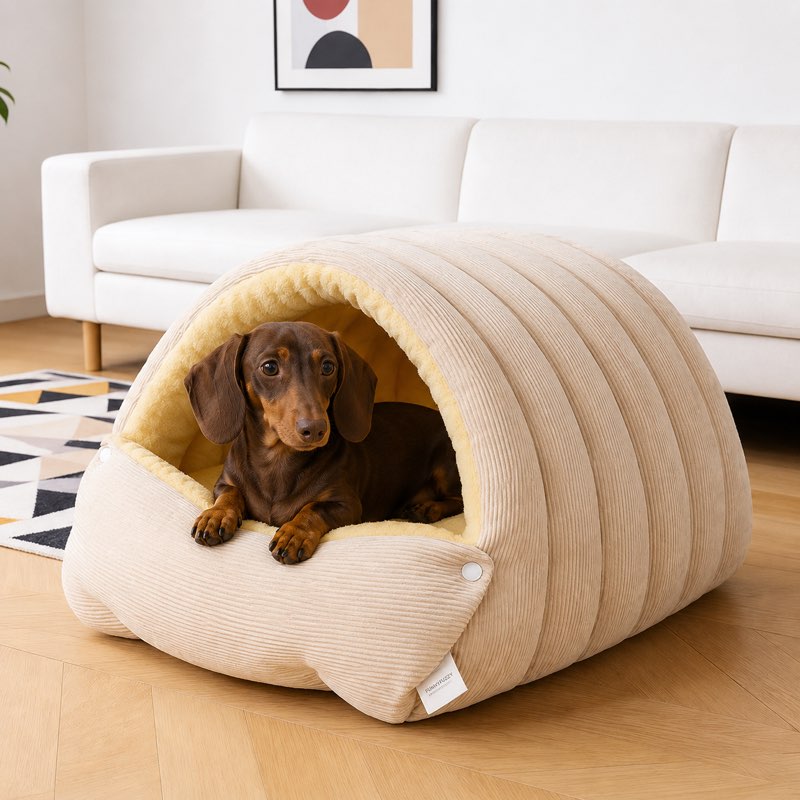 Dachshund looking out of the beige corduroy cave bed