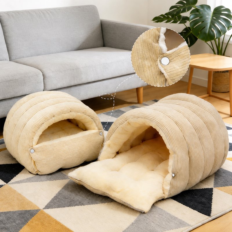 Cave bed shown closed and folded open into a flat mat with snap detail