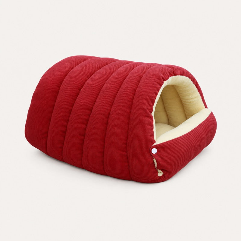 Red corduroy dachshund cave bed