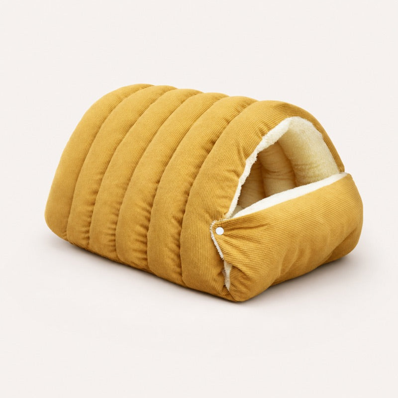 Yellow corduroy dachshund cave bed