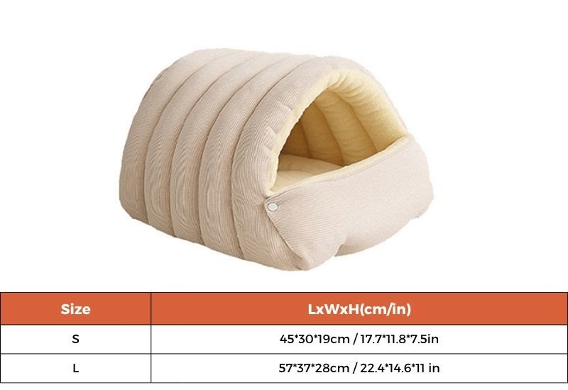 Corduroy Dachshund Cave Bed size chart, S 45 x 30 x 19 cm and L 57 x 37 x 28 cm