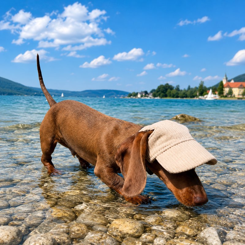 Dachshund lifestyle shot in corduroy summer cap