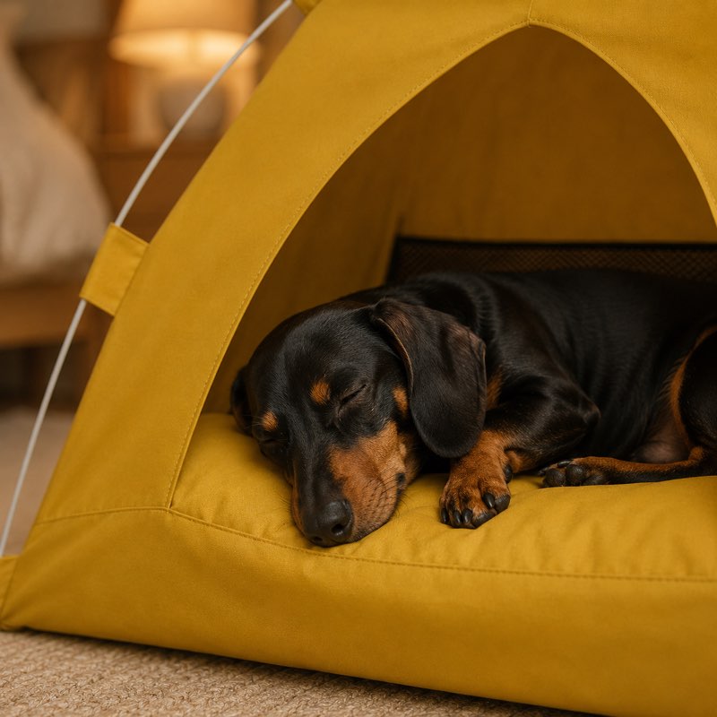 Dachshund sleeping inside Cozy Dachshund Tent House close up