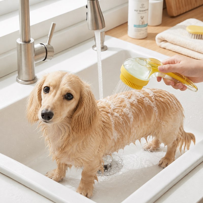 Dachshund Bathing Brush lathering shampoo