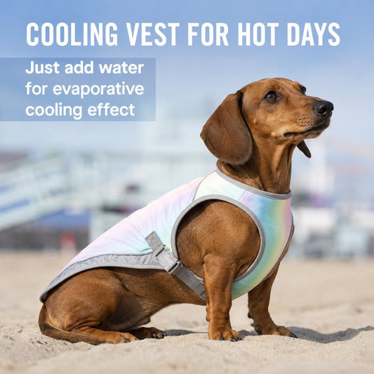 Dachshund wearing Rainbow Dachshund Cooling Vest on a sunny beach