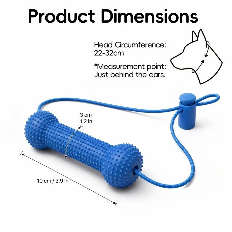 Dental chew stick dimensions, 10 cm long and 3 cm wide with adjustable strap