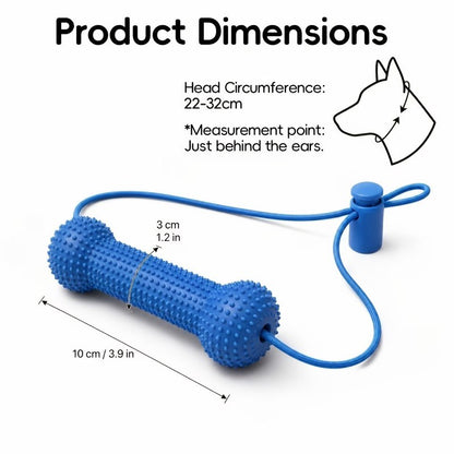 Dental chew stick dimensions, 10 cm long and 3 cm wide with adjustable strap