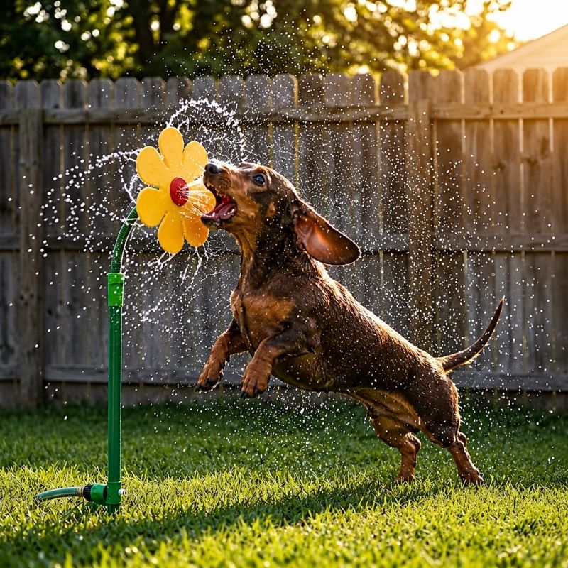 Dachshund playing with the flower sprinkler in the yard