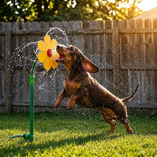 Dachshund playing with the flower sprinkler in the yard