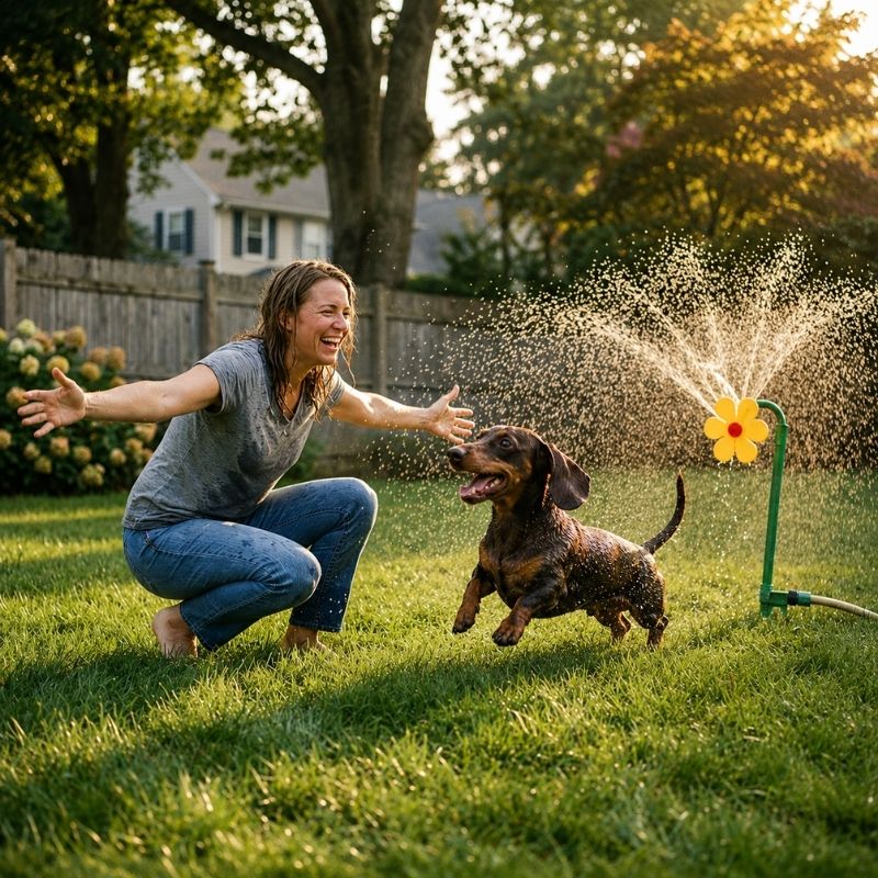 Dachshund cooling off under the flower sprinkler spray