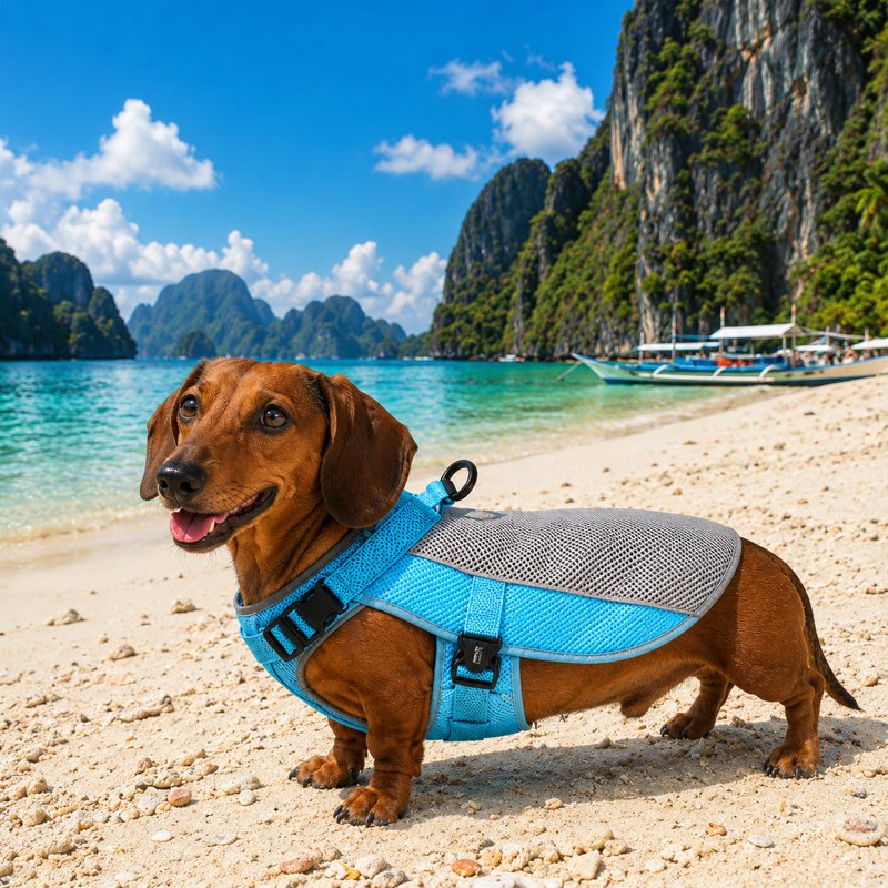 Dachshund Summer Cooling Vest worn on dog, lifestyle hero