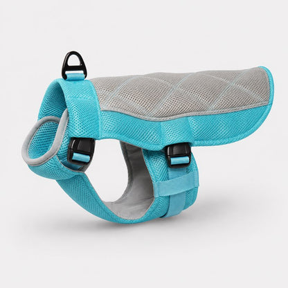 Dachshund Summer Cooling Vest in Blue, flat lay