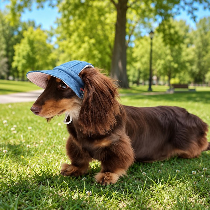 Dachshund wearing denim cap in park side view