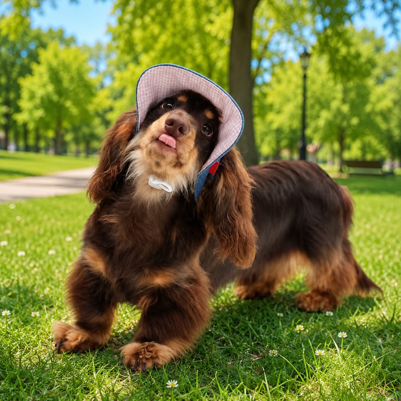 Dachshund wearing denim cap in park front view