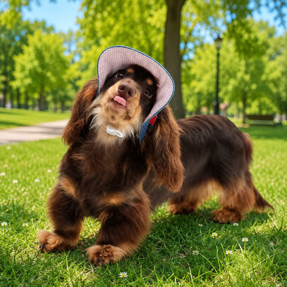 Dachshund wearing denim cap in park front view