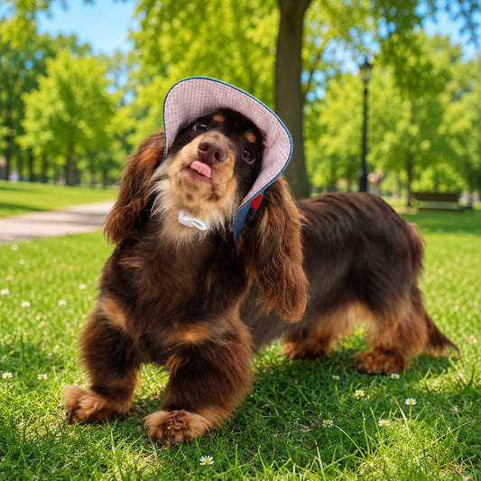 Dachshund wearing denim cap in park front view