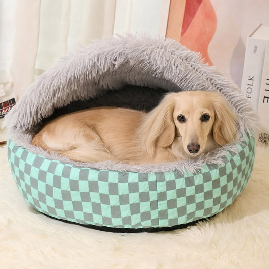 Cream long-haired dachshund lying in the gray Hooded Dachshund Donut Bed