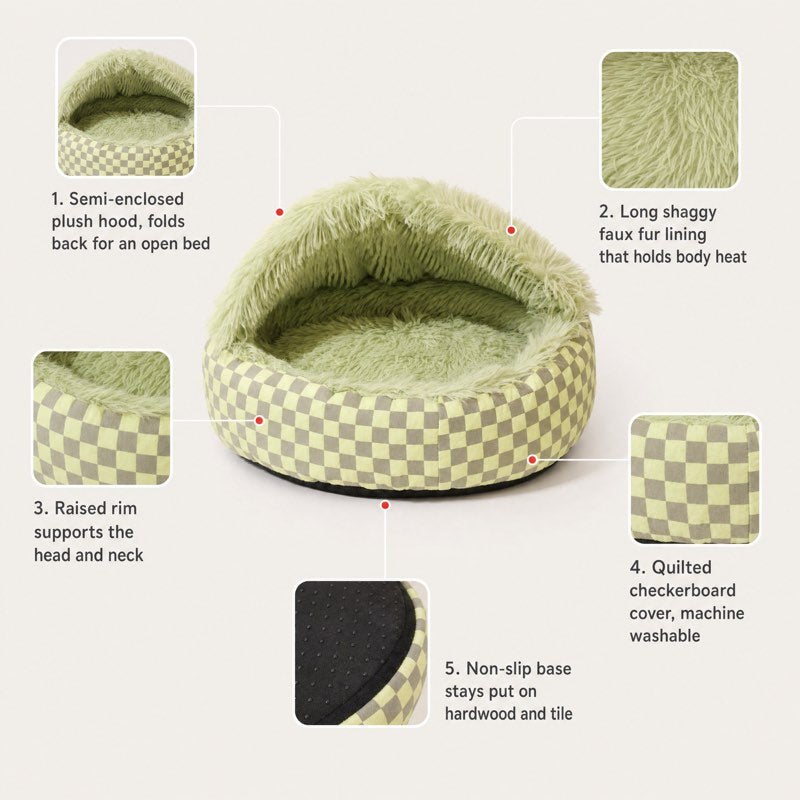 Hooded Dachshund Donut Bed feature overview: plush hood, faux fur lining, raised rim, washable cover, non-slip base