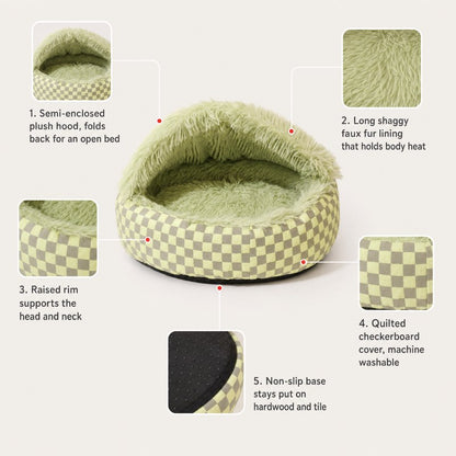 Hooded Dachshund Donut Bed feature overview: plush hood, faux fur lining, raised rim, washable cover, non-slip base
