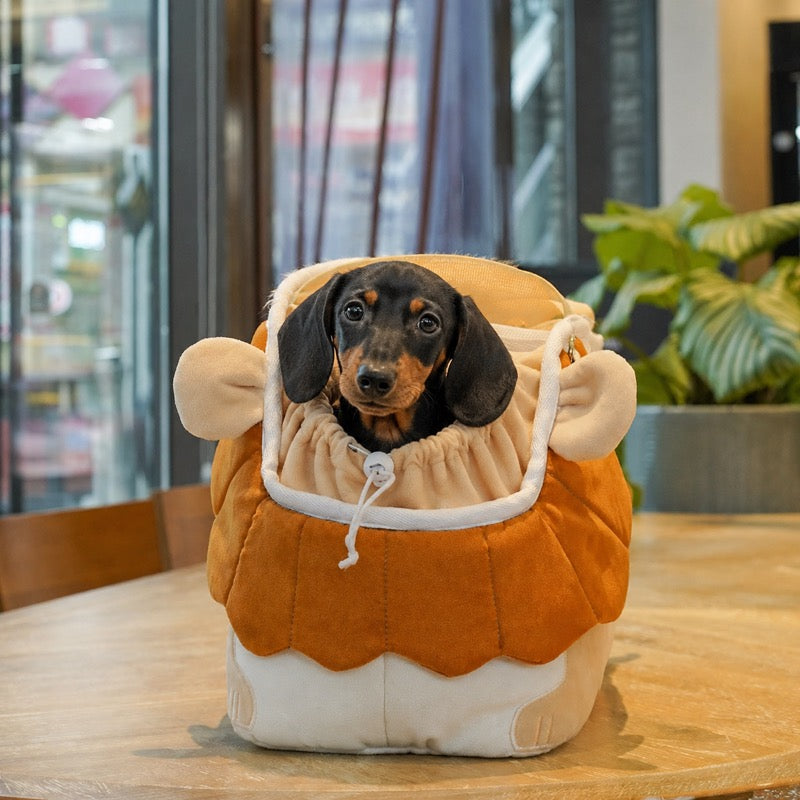 Lion Mane Dachshund Carrier with dachshund peeking out