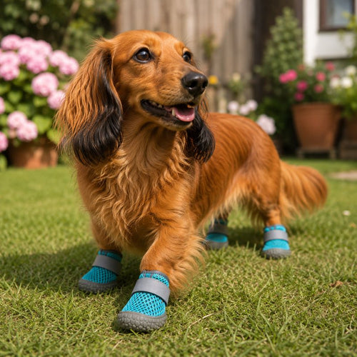 Long-haired dachshund playing on grass wearing teal mesh outdoor boots