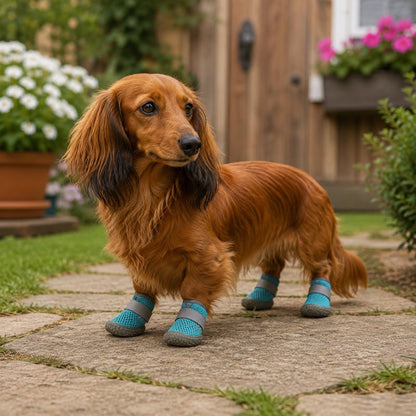 Long-haired dachshund standing on stone path wearing teal mesh dog boots