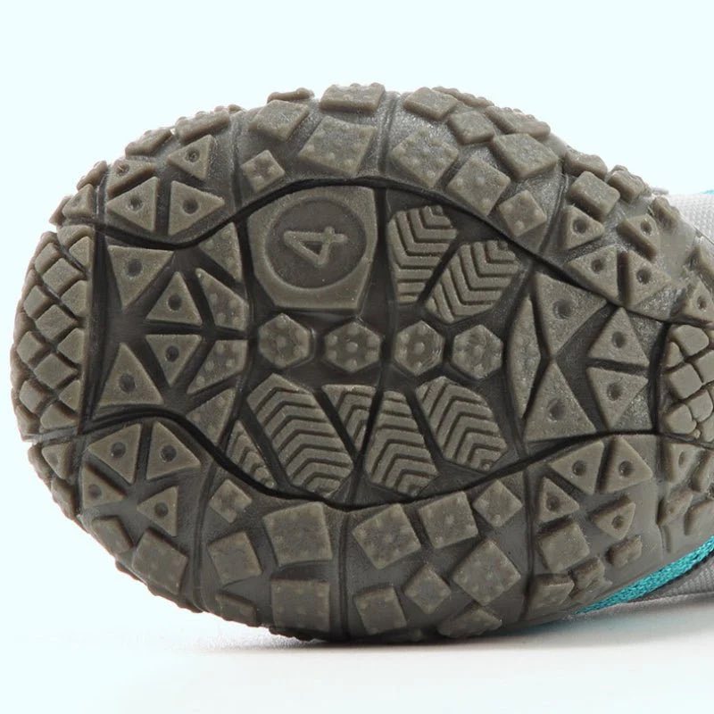 Front view detail of teal Mesh Outdoor Doxie Boot showing reflective velcro strap