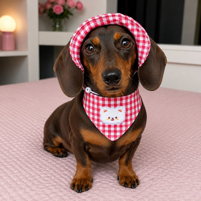 Dachshund wearing the red plaid sun hat and matching bear bandana