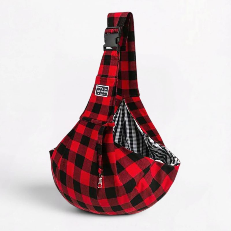 Plaid Dachshund Sling Carrier flat lay