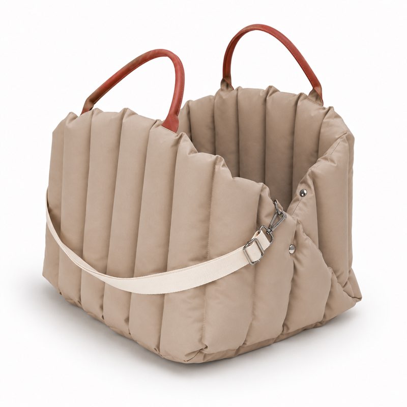 Puffer Dachshund Car Seat Beige flat lay